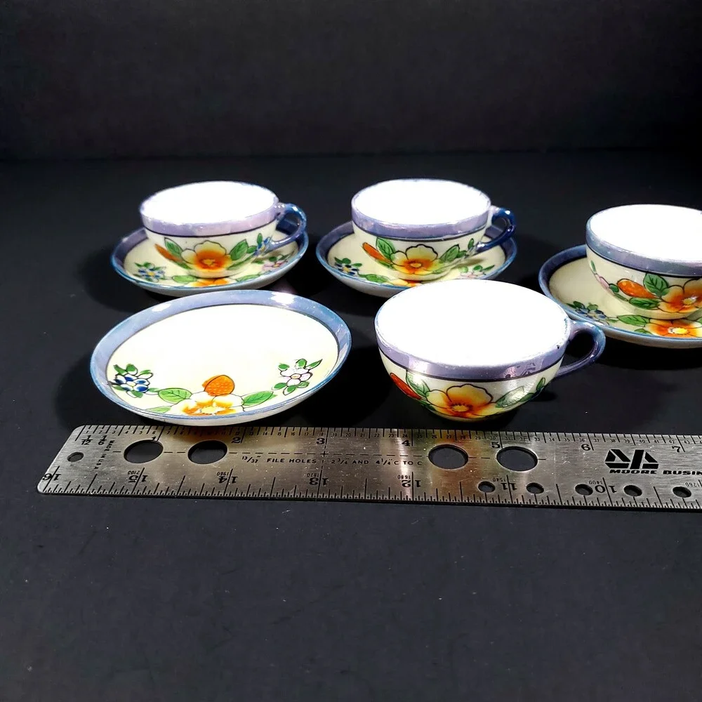 Vintage 1950s Japanese Lusterware Tea Set 17 pieces blue rim orange blue flowers